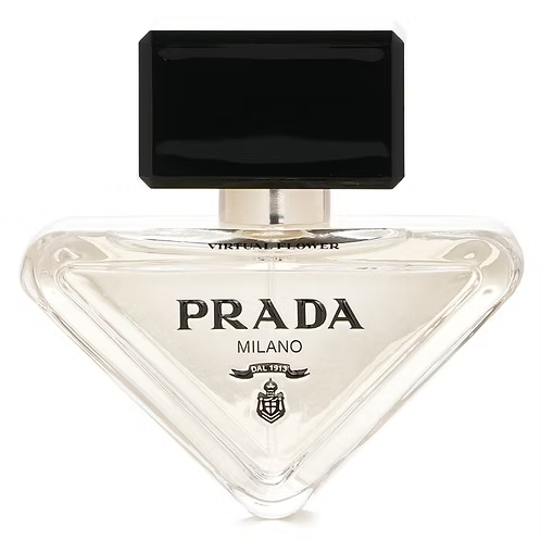 Prada Virtual Flower Paradoxe fragrance bottle with a golden cap and elegant design
