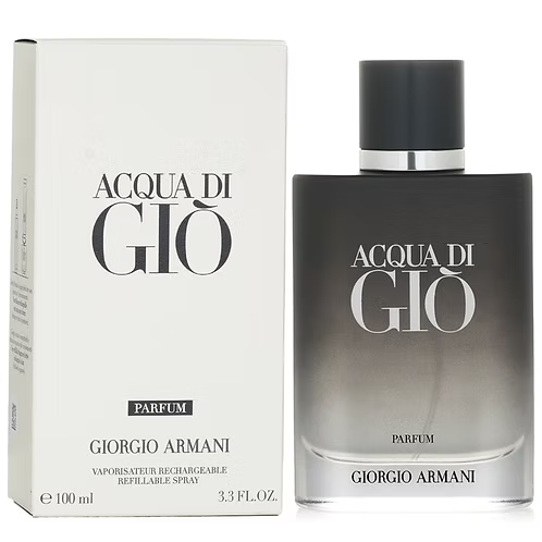 Giorgio Armani Mens Parfum Acqua Di Gio bottle featuring elegant design and Black cap.