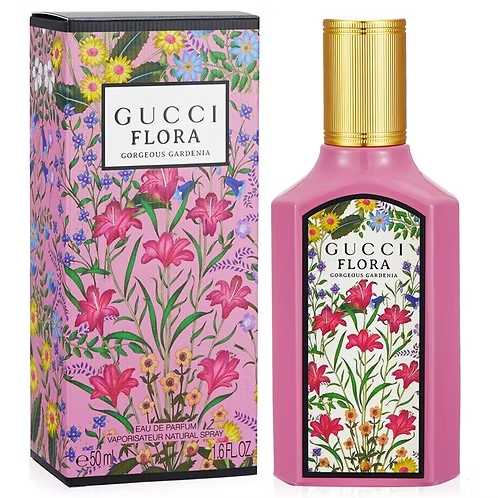 Gucci Flora Gorgeous Gardenia Eau de Parfum perfume bottle and box, a gourmand aromatic fragrance for women.