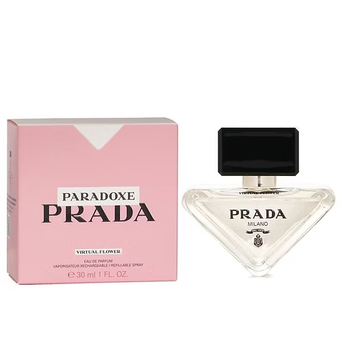 Prada Virtual Flower Paradoxe fragrance and box, a gourmand aromatic fragrance for women.