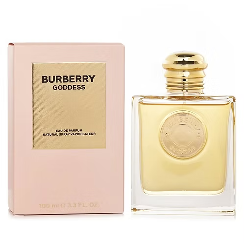 Burberry Goddess Eau De Parfum Spray bottle beside its elegant packaging, showcasing the warm, sweet fragrance inside.
