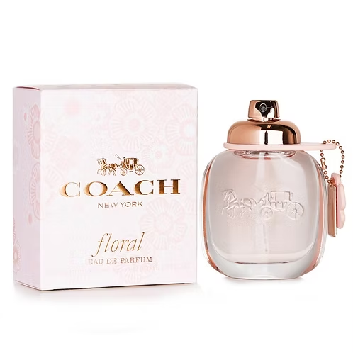 Coach Floral Eau De Parfum spray bottle featuring elegant design and golden cap.