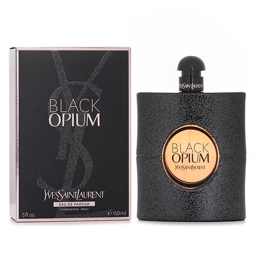 Black Opium Eau De Parfum by Yves Saint Laurent bottle and box, a gourmand aromatic fragrance for women.